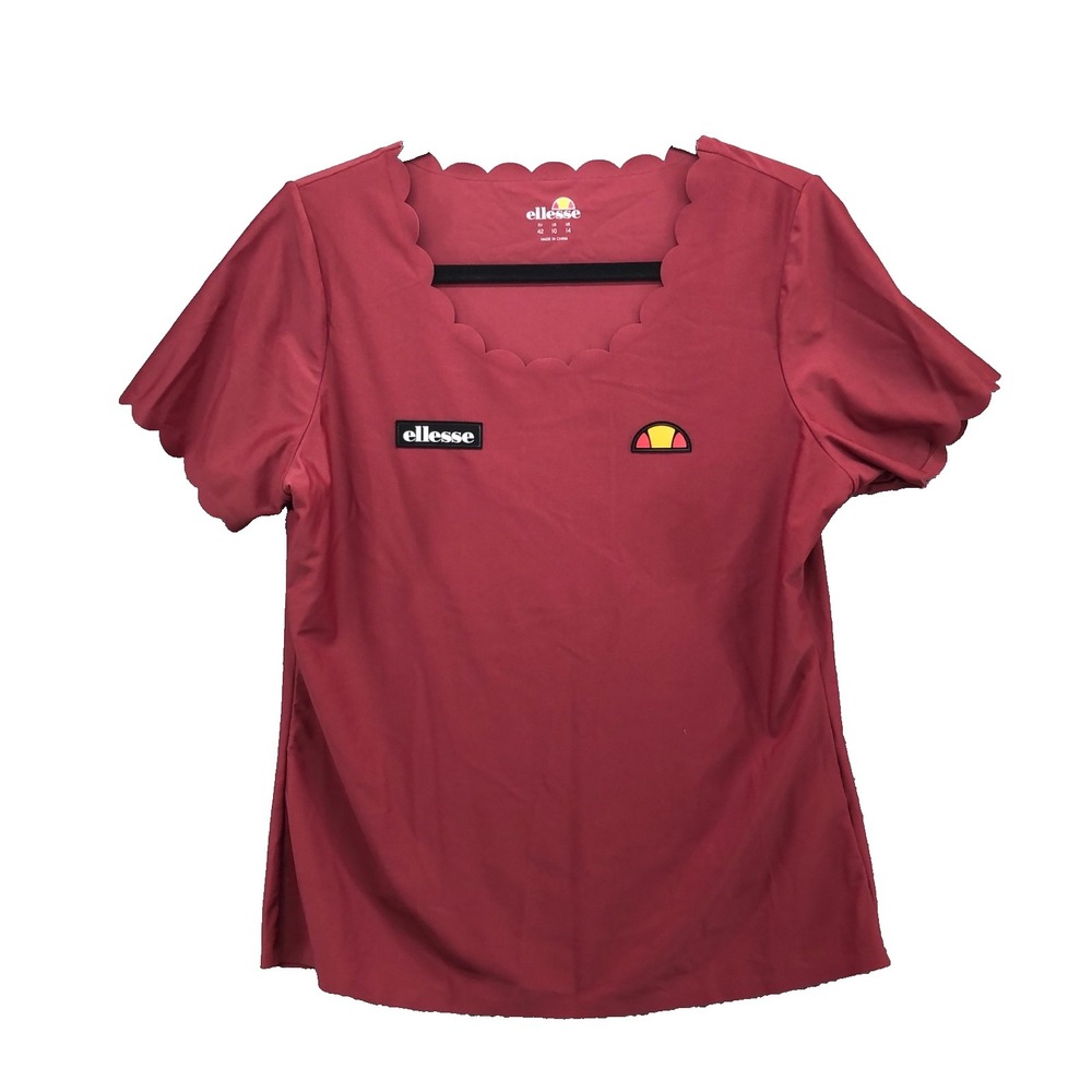 Ellesse Scallop Edge Activewear Top Womens 10 Burgundy Stretch Short Sleeve